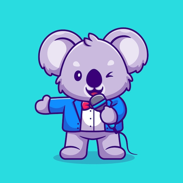 Cute Koala Master of Ceremony Holding Microphone Cartoon. Flat Cartoon Style