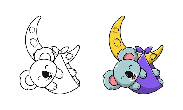 Cute koala on moon cartoon coloring pages for kids