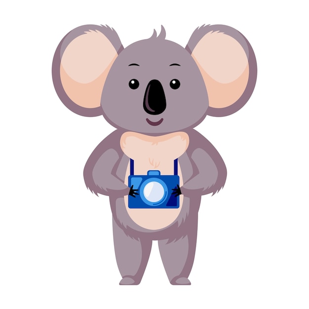 Cute koala photographer isolated on white background Cartoon character hold camera Design of funny animals sticker for showing emotion Vector illustration