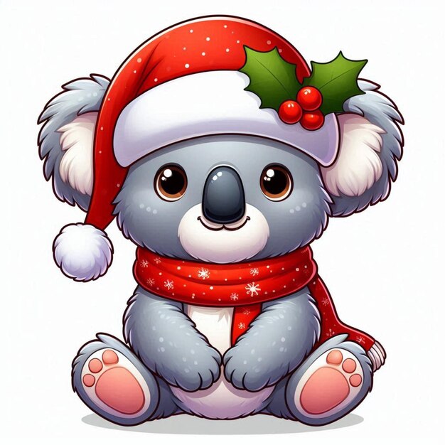 Vector a cute koala sitting christmas holiday santa hat vector cartoon illustration white background