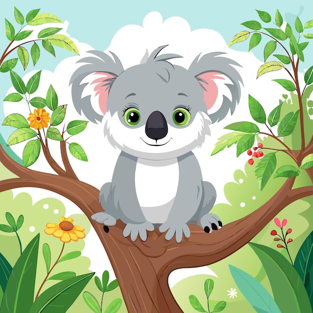 Vector a cute koala sitting on a tree branch surrounded by greenery