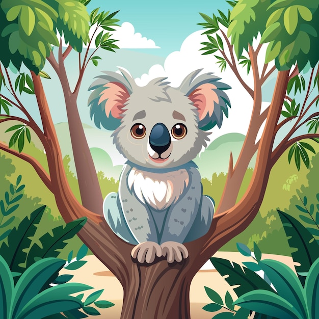 A cute koala sitting on a tree branch in a vibrant forest