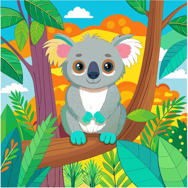 Vector a cute koala sitting on a tree branch in a vibrant forest