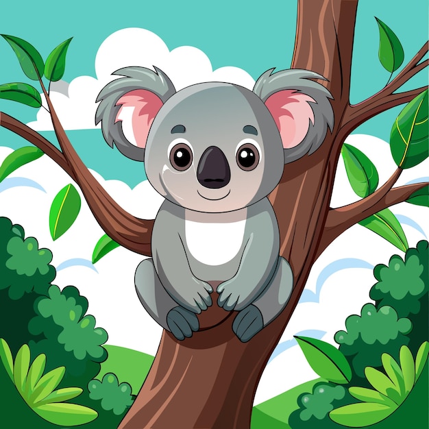 A cute koala sitting on a tree branch in a vibrant landscape