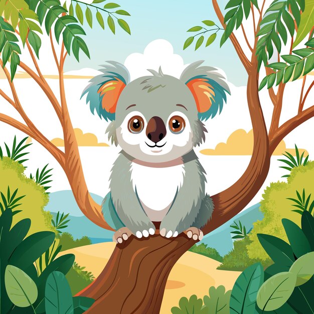 Vector a cute koala sitting on a tree branch in a vibrant landscape