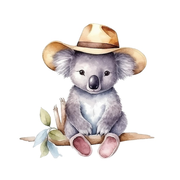 Cute koala sitting with hat cartoon watercolor paint