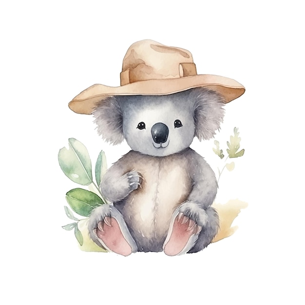 Cute koala sitting with hat cartoon watercolor paint