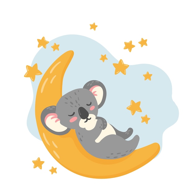 Cute Koala sleep on Moon among stars baby nursery print Childish design for baby shower invitation