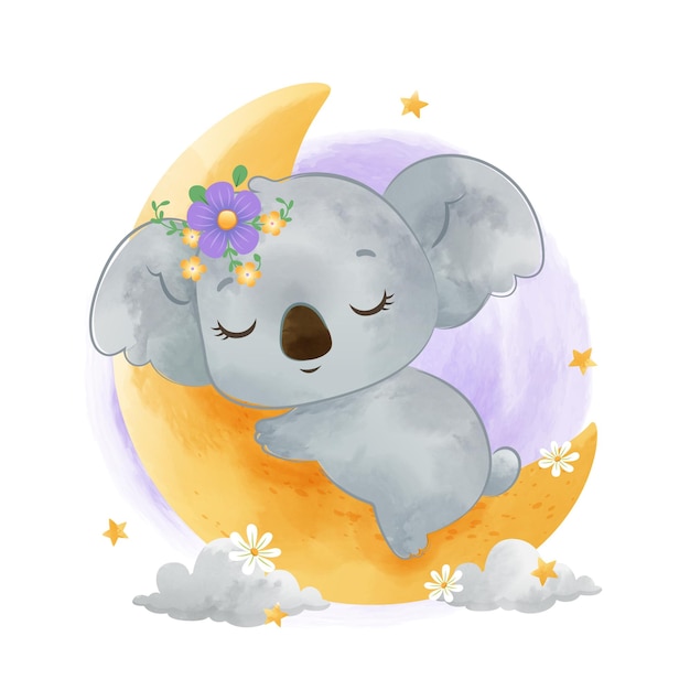 cute koala sleeping on the moon with watercolor