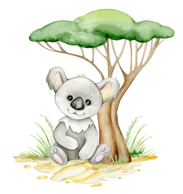 Cute koala tree sand grass Watercolor clipart in cartoon style on an isolated background