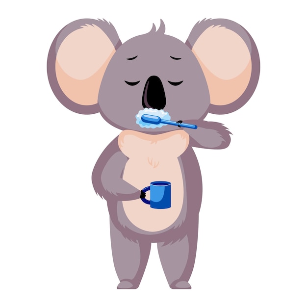 Cute koala washing morning isolated on white background Cartoon character brush teeth