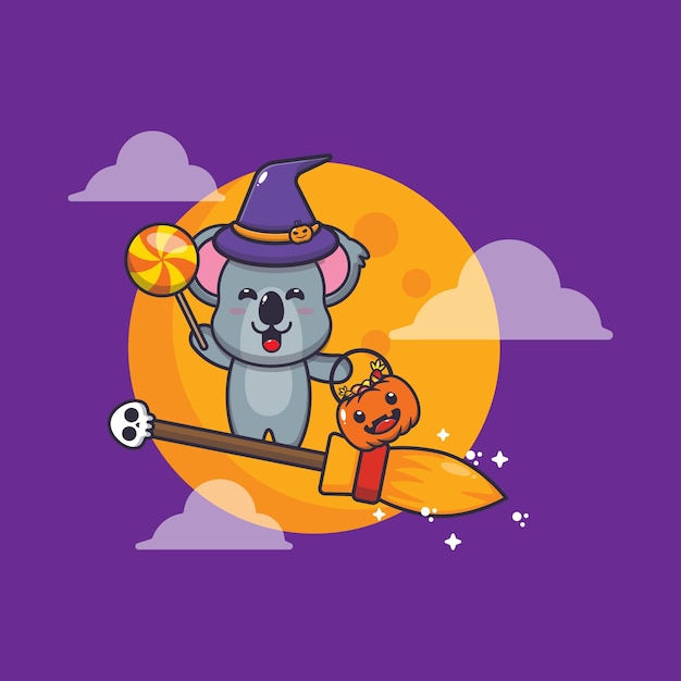 cute koala witch flying with broom in halloween night cute halloween cartoon vector illustration