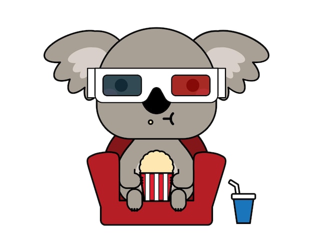 cute koala with 3d glasses and popcorn vector illustration design