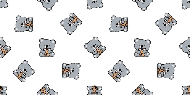 Cute koala with bubble tea cartoon seamless pattern vector illustrationxA