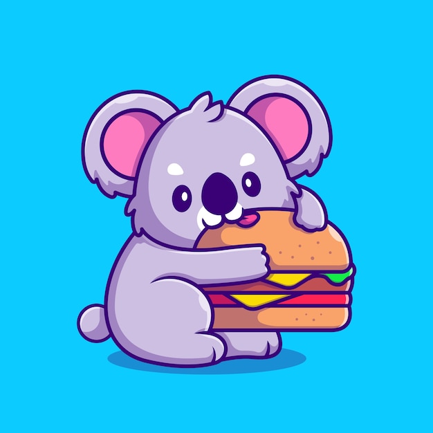 Cute Koala With Eating Burger Cartoon Icon Illustration. Animal Food Icon Concept Isolated . Flat Cartoon Style