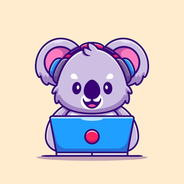 Cute Koala Working on Laptop With Headphone Cartoon