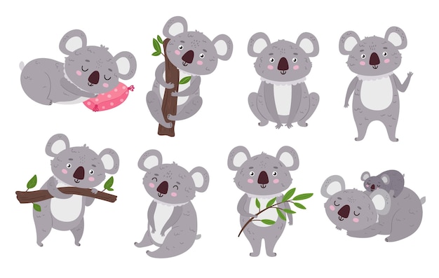 Cute koalas Cartoon mascot bear with eucalyptus tree branch and sitting koala vector Illustration set