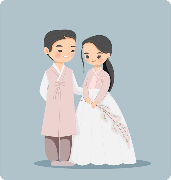 Cute Korean couple in Traditional Hanbok dress cartoon character