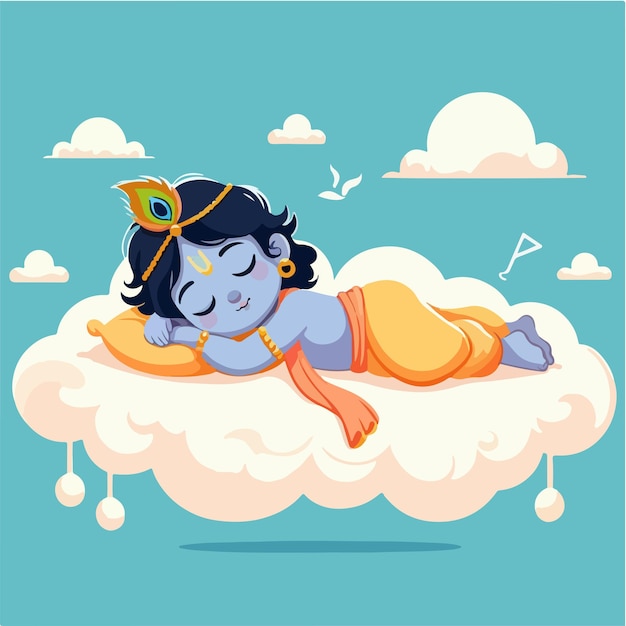 Vector cute krishna sleeping on the cloud