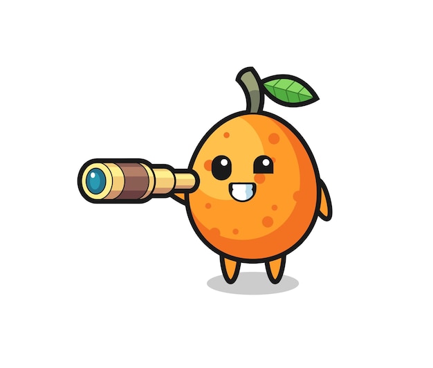 Cute kumquat character is holding an old telescope , cute style design for t shirt, sticker, logo element