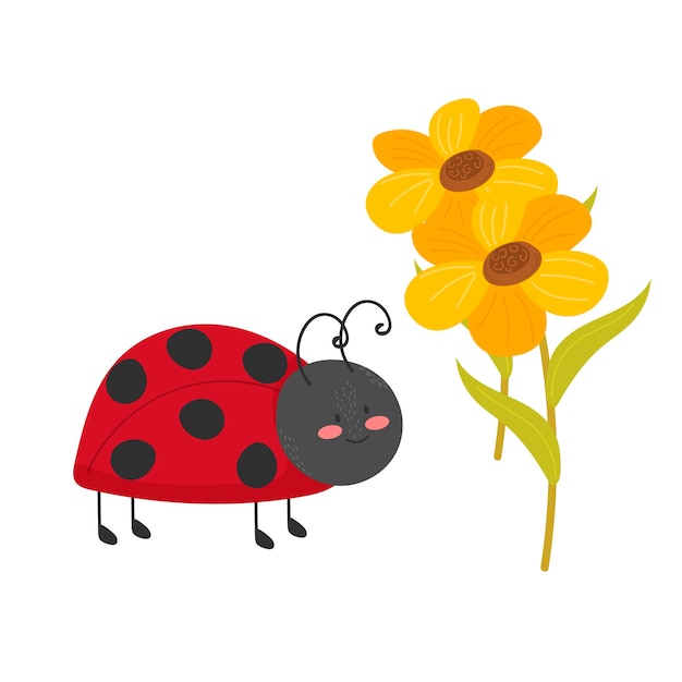 Cute ladybug and flowers illustration vector on white background