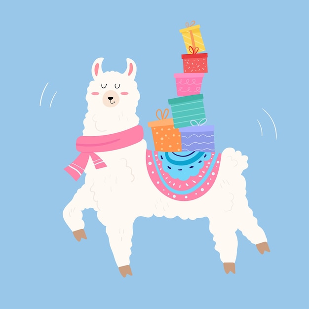 Cute lama carrying gifts on the back for celebration. Cartoon style