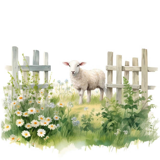 Vector a cute lamb standing behind a fence surrounded with flowers