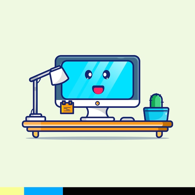 cute laptop illustration with cactus and study lamp