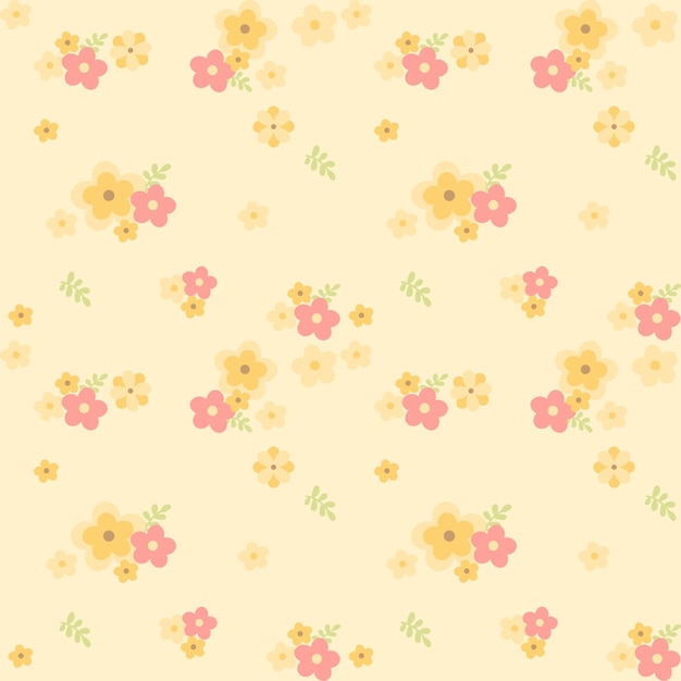 Cute leaves and flowers yellow pink seamless pattern