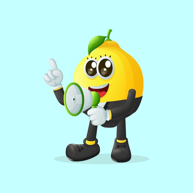 Vector cute lemon character holding a megaphone perfect for kids merchandise and sticker banner promotion