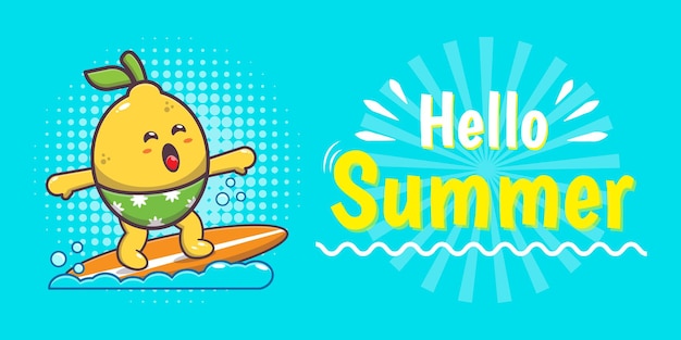 Cute lemon character with summer greeting banner