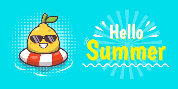 Cute lemon character with summer greeting banner