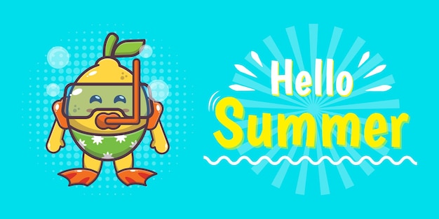 Cute lemon character with summer greeting banner