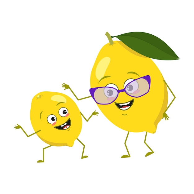 Cute lemon characters with emotions face funny grandmother and grandson with arms and legs spring or...