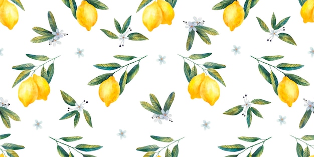 Cute lemon seamless pattern with juicy bright branches of lemons and flowers