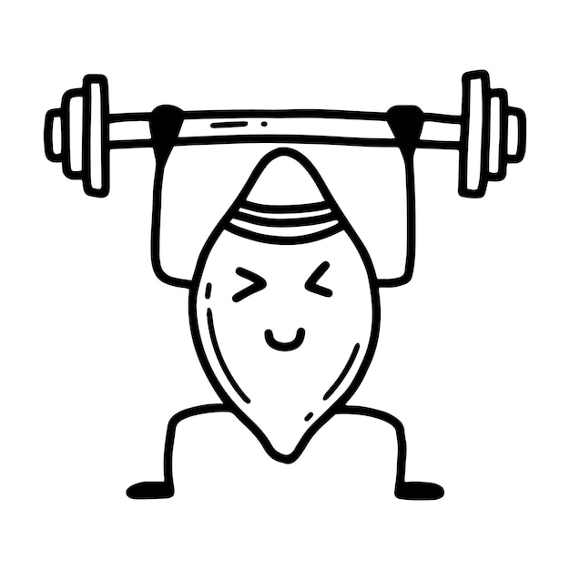 Cute lemon with dumbbells Sports hobbies exercise Doodle style Vector lemon in kawaii style Sports healthy lemon The concept of doing sports