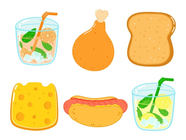 Cute lemonade chickens leg cheese toast bread hot dog juice