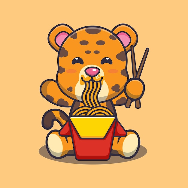 Cute leopard eating noodle Cute cartoon animal illustration