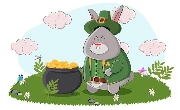 Cute leprechaun bunny counts gold in his po