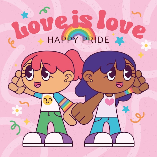 Cute lesbian couple holding hands Pride month Vector