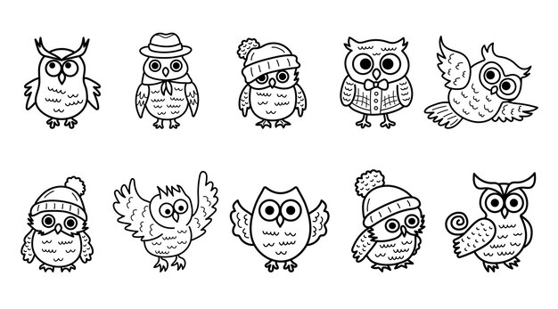 Vector cute line art owl set doodle owl characters in clothes and in different poses coloring book for kids