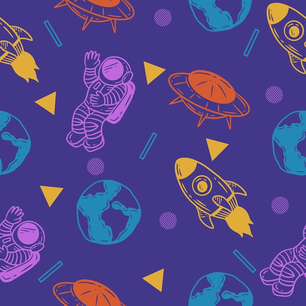 Cute line outer rocket space seamless pattern colorful object wallpaper with design light purple