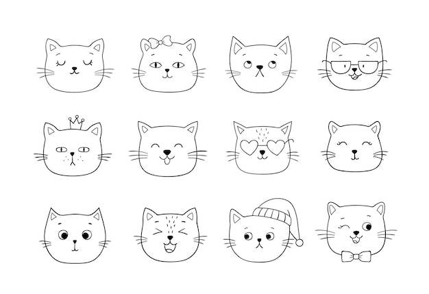 Cute linear cats faces set. Hand-drawn vector line illustration.