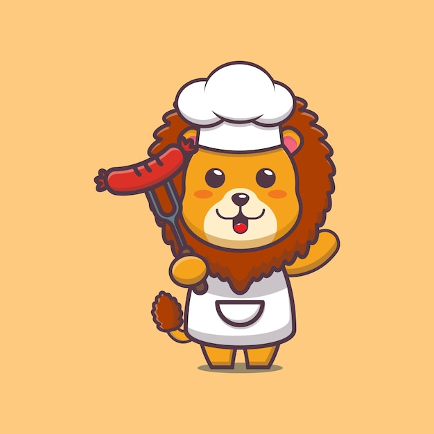 cute lion chef cartoon illustration