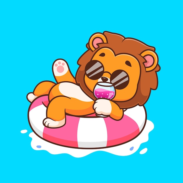 Cute Lion Chill On Swimming Tires With Juice Cartoon Vector Icon Illustration Animal Holiday Flat