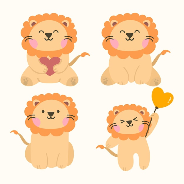 Vector cute lion element set in kawaii style suitable for flat design illustration clip art mascot stickers