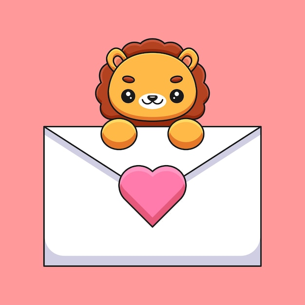 Cute lion holding a love letter cartoon mascot doodle art hand drawn outline concept vector kawaii icon illustration