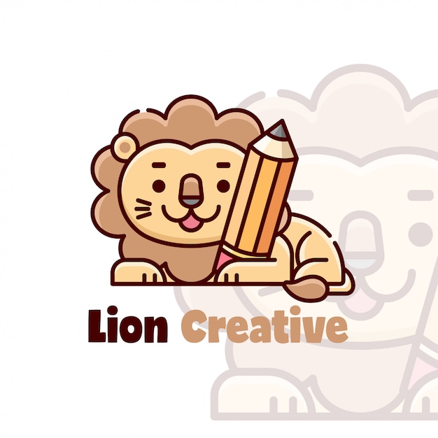 CUTE LION HUGGING A PENCIL CARTOON LOGO