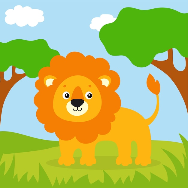 A cute lion is standing on the grass Beautiful landscape