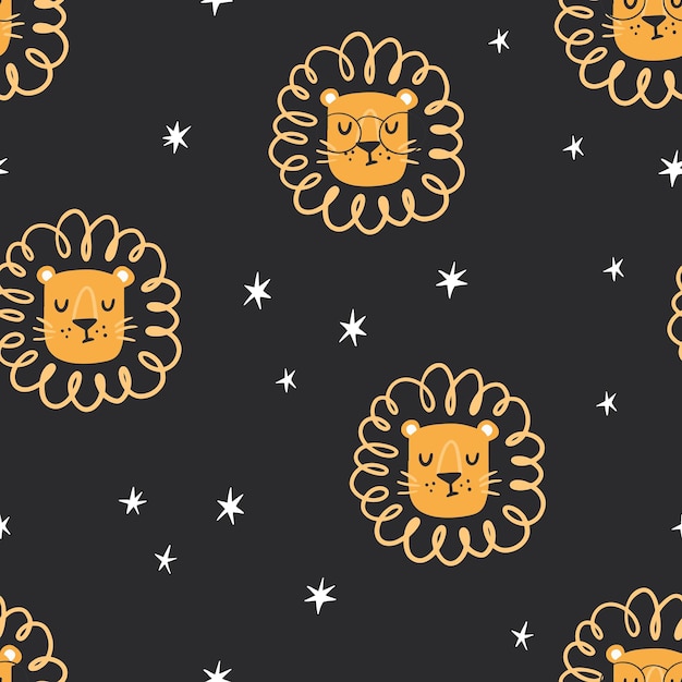 Cute lion seamless pattern. Hand-drawn vector illustration for posters, cards, t-shirts